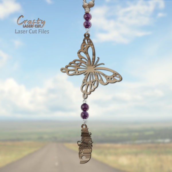 Butterfly Car Charm SVG - Laser Cut Files - Butterfly SVG - Boho Feather SVG - Car Accessories - Charm Svg - Car Ornament - Glowforge Files