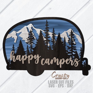 Letrero para puerta de autocaravana SVG - Archivos cortados con láser - Camping SVG - Campistas felices SVG - Montañas Svg - Bosque Svg - Letrero para puerta de autocaravana - Archivos Glowforge