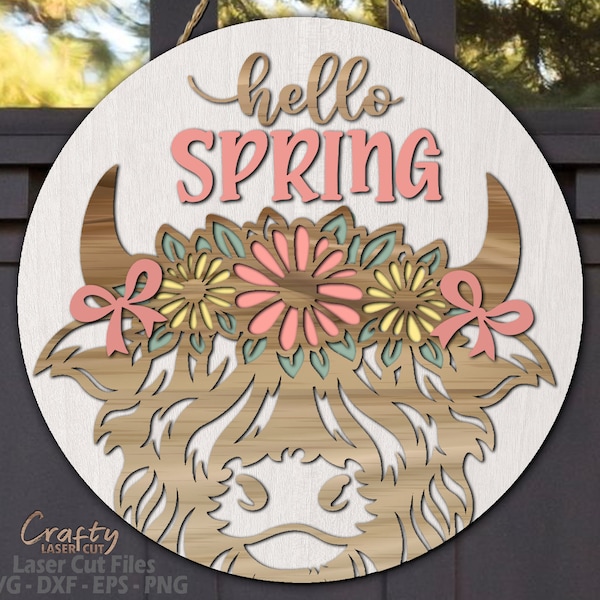 Hello Spring Highland Cow Door Hanger SVG - Spring Welcome Sign Svg - Laser Cut Files - Spring Door Sign - Daisy Svg - Glowforge Files