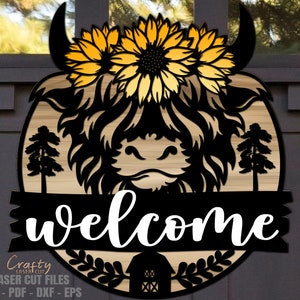 Highland Cow Door Hanger SVG - Girassol SVG - Placa de boas-vindas SVG - Arquivos cortados a laser - Highland Cow Svg - Placa de porta floral - Arquivos Glowforge
