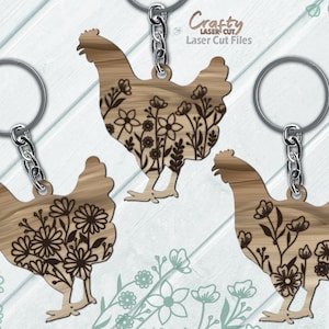 Lot de porte-clé poulet SVG - fichiers découpés au laser - Floral poulet SVG - Daisy Svg - fleurs sauvages - Svg ferme - porte-clé bois - Glowforge