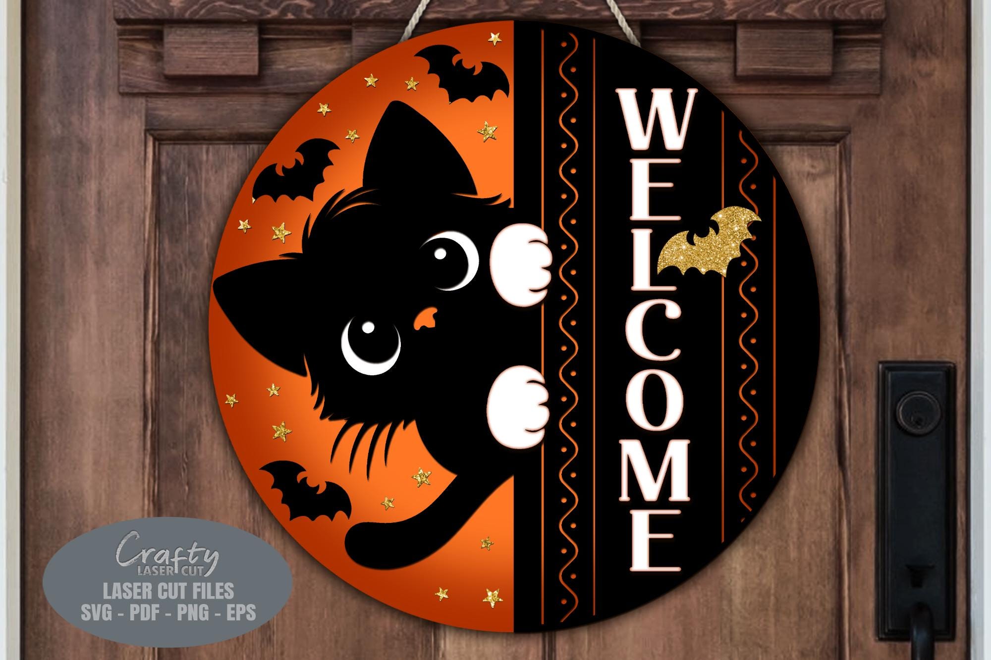 Halloween Door Hanger SVG Laser Cut Files: Black Cat Welcome Sign