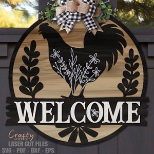Colgador de puerta de pollo SVG - Archivos cortados con láser - Pollo Svg - Floral SVG - Granja Svg - Letrero de bienvenida Svg - Letrero de puerta de granja - Archivos Glowforge
