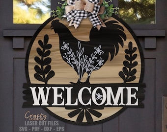 Chicken Door Hanger SVG Laser Cut Files, Floral Chicken SVG, Farmhouse Welcome Sign SVG, Farm Door Sign, Glowforge Files