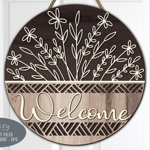 Accroche-porte panier floral SVG - signe de bienvenue SVG - fichiers découpés au Laser - Glowforge - Floral SVG - Daisy Svg - panier Svg - Floral plaque de porte