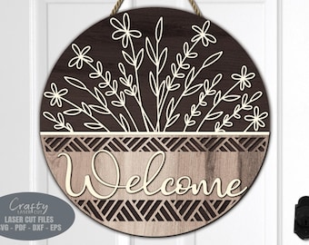 Floral Door Hanger SVG Laser Cut Files: Daisy Basket Welcome Sign SVG, Glowforge