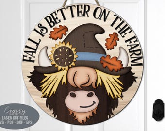 Highland Cow Fall Door Hanger SVG Laser Cut Files: Scarecrow Welcome Sign SVG Glowforge