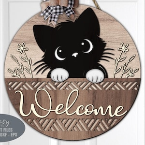 Accroche-porte floral chat SVG - panneau de bienvenue SVG - fichiers découpés au laser - chat SVG - panier Svg - chaton - panneau de porte chat - fichiers Glowforge