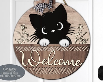 Floral Cat Door Hanger SVG Laser Cut Files: Daisy Basket Welcome Sign SVG