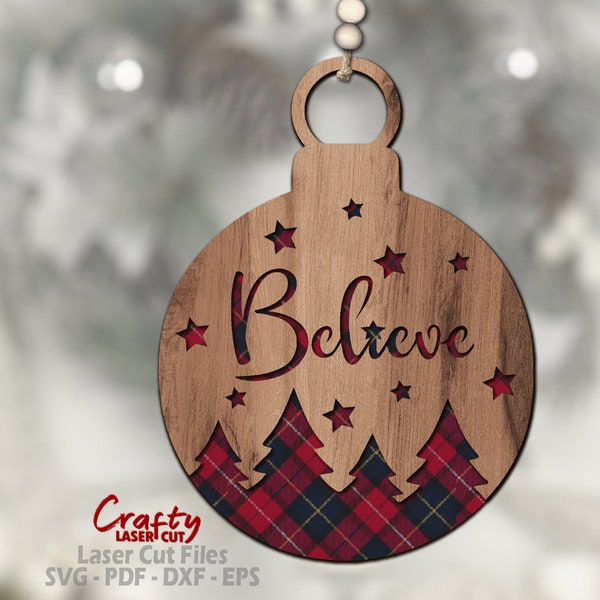 Believe Ornament SVG - Christmas Ornament Svg - Laser Cut Files - Believe Svg - Pine Tree Svg - Christmas Door Hanger - Glowforge Files