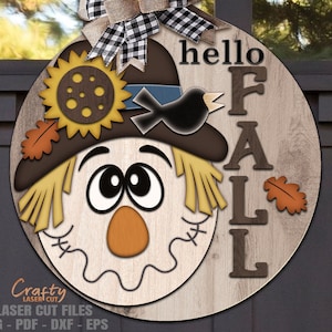 Accroche-porte épouvantail SVG - fichiers découpés au laser - Bonjour automne SVG - tournesol - Svg de panneau de bienvenue automne - panneau de porte automne - fichiers Glowforge