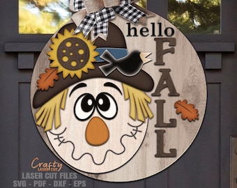Hello Fall ドアハンガー SVG レーザーカットファイル: かかしのウェルカムサイン SVG、Glowforge
