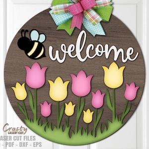 Accroche-porte printemps SVG - abeille SVG - panneau de bienvenue SVG - fichiers découpés au laser - tulipe - panneau floral pour porte - printemps signe Svg - fichiers Glowforge