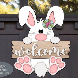 Cartello di benvenuto del coniglietto pasquale SVG - Cartello porta di Pasqua SVG - File tagliati al laser - Coniglietto pasquale SVG - Pasqua SVG - Cartello porta di Pasqua - File Glowforge