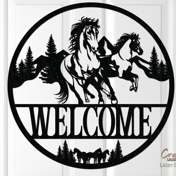 Horse Door Hanger SVG - Laser Cut Files - Wild Horse SVG - Running Horse SVG - Mountains Svg - Welcome Sign Svg - Glowforge Files