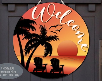 Strand welkomstbord SVG lasergesneden bestanden: Sunset Door Hanger SVG, Glowforge