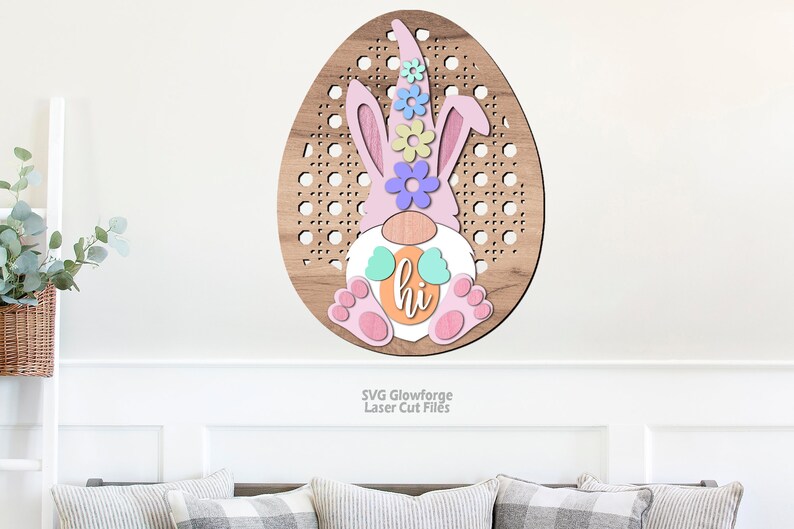 Easter Door Hanger SVG Laser Cut Files - Gnome Svg - Easter Egg SVG - Bunny Ears Svg - Welcome Sign SVG - rattan svg - Front Door Sign - Glowforge Files