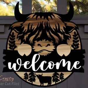 Placa de boas-vindas da vaca Highland SVG - Arquivos cortados a laser - Vaca SVG - Cabide de porta de vaca SVG - Placa de porta de vaca - Placa de fazenda Svg - Arquivos Glowforge