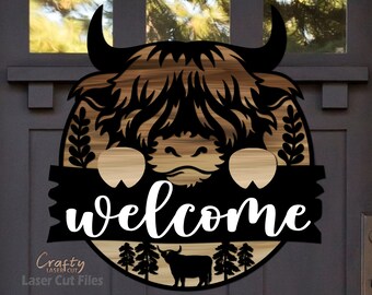 Accroche-porte Vache Highland Fichiers de découpe laser SVG : panneau de bienvenue de la ferme SVG, Glowforge