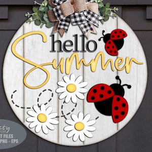SVG appendino porta estivo floreale - SVG margherita - Cartello di benvenuto coccinella SVG - File tagliati al laser - Coccinella SVG - Cartello porta Hello Summer - Glowforge