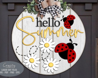 Daisy Summer Door Hanger Svg - Hello Summer Welcome Sign Svg - Ladybug ...