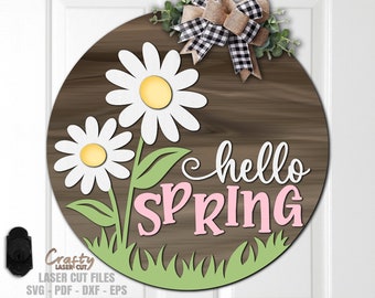 Hello Spring Door Hanger SVG - Laser Cut Files - Hello Spring SVG - Daisy SVG - Welcome Sign Svg - Spring Door Sign - Glowforge Files