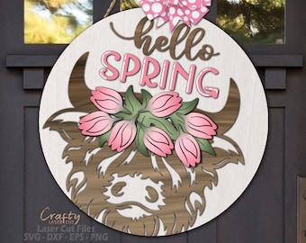 Hello Spring Highland Cow Sign SVG - Spring Door Hanger SVG - Glowforge Laser Cut Files - Spring Door Sign - Welcome Sign Svg - Tulip Svg