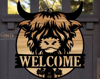 Highland Cow Door Hanger SVG Laser Cut Files: Welcome Sign SVG, Glowforge, Xtool