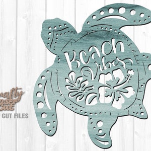 Beach Vibes Meeresschildkröte Glowforge Datei - Schildkröte Laser Cut Files - Wandschild - Beach Home Decor - Hibiskus - Laser bereit Dxf Eps Pdf