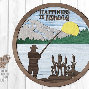 Signo de pesca SVG - Archivos cortados con láser - La felicidad es pescar SVG - Lago SVG - Pesca Svg - Bosque Svg - Día del Padre Svg - Archivos Glowforge