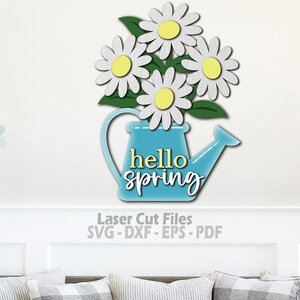 Daisy SVG - Hello Spring Door Hanger SVG Laser Cut Files - Daisy Svg - Watering Can SVG - Hello Spring Svg - Welcome Sign Svg - Daisy Door Sign - Glowforge Files - cnc files
