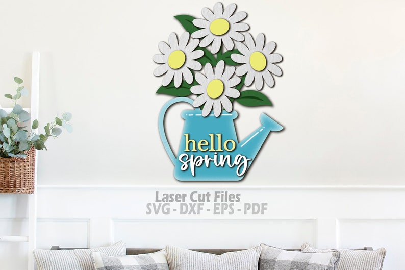 Daisy SVG - Hello Spring Door Hanger SVG Laser Cut Files - Daisy Svg - Watering Can SVG - Hello Spring Svg - Welcome Sign Svg - Daisy Door Sign - Glowforge Files - cnc files