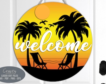 Stranddeurhanger SVG-lasergesneden bestanden: welkomstbord bij zonsondergang kust, Glowforge