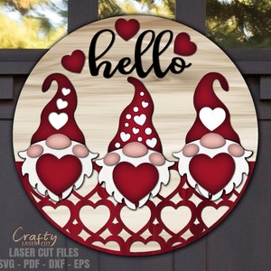 Valentine Gnome Welcome Sign SVG - Valentines Day Door Hanger SVG - Laser Cut Files - Valentine Door Sign Decor - Hearts - Glowforge Files