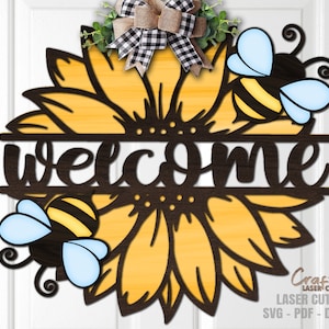 Girassol Porta Hanger SVG - Abelha SVG - Placa de Boas-vindas SVG - Arquivo de Corte a Laser - Girassol Svg - Placa de Porta Floral - Verão Svg - Arquivos Glowforge