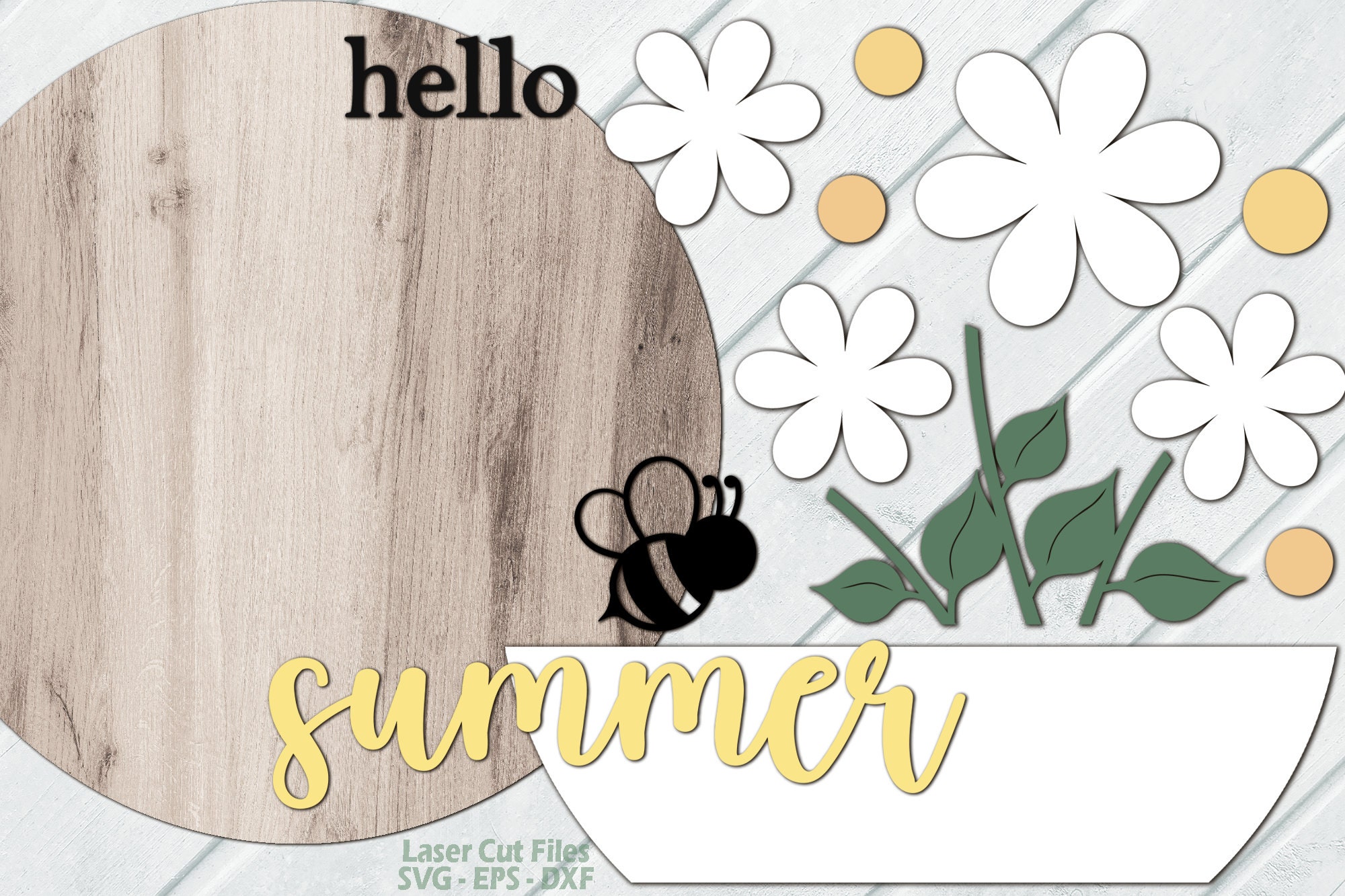 Hello Summer Door Hanger SVG Laser Cut Files: Daisy Bee Welcome Sign ...