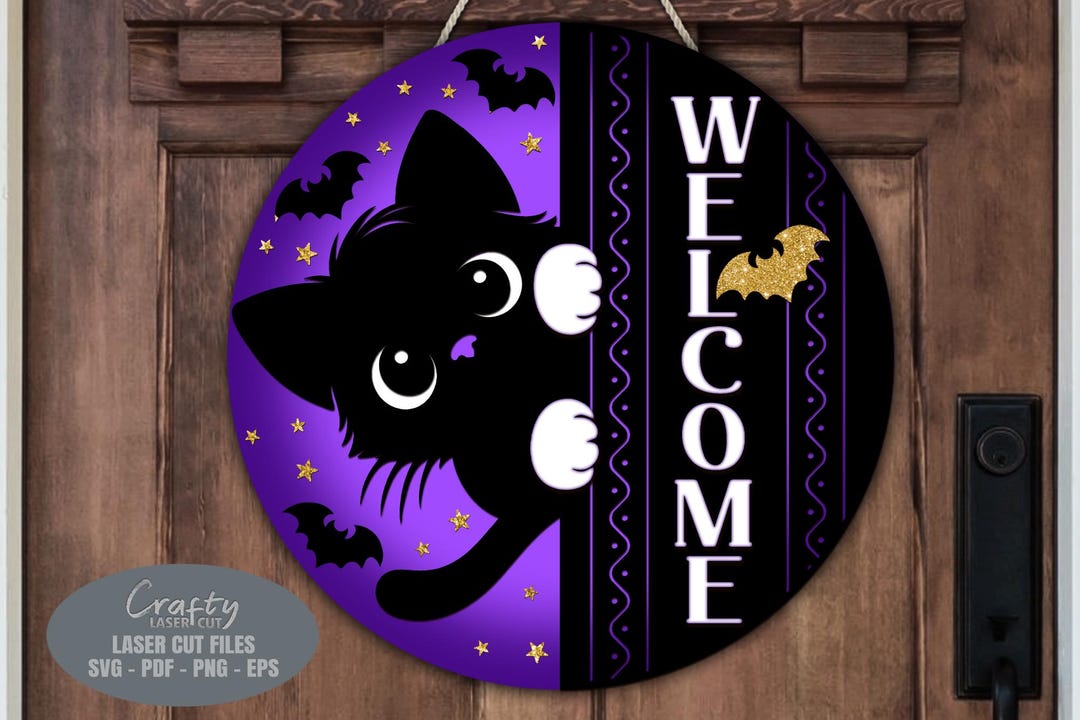 Halloween Door Hanger SVG Laser Cut Files: Black Cat Welcome Sign