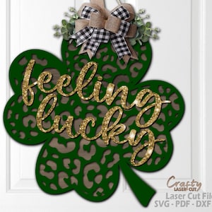 Leopard Shamrock SVG - Lucky Door Hanger SVG - Laser Cut Files - St Patricks Day Svg - Shamrock SVG - Four Leaf Clover Svg - Glowforge Files