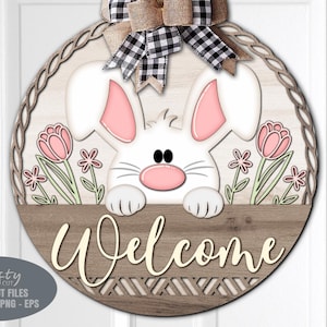 Appendino per porta coniglietto pasquale SVG - Cartello di benvenuto pasquale SVG - File tagliati al laser - Cestino pasquale - Margherita - Tulipano - Cartello pasquale floreale - Glowforge