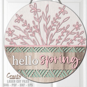 Floral Spring Door Hanger SVG - Hello Spring SVG - Daisy SVG - Laser Cut Files - Basket Svg - Spring Welcome Sign Svg - Glowforge Files