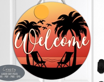 Sunset Beach deurhanger SVG-lasergesneden bestanden: welkomstbord SVG, Glowforge