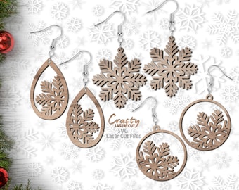 Lot de fichiers découpés au laser SVG pour boucle d'oreille flocon de neige : hiver, boucles d'oreilles de Noël SVG, Glowforge