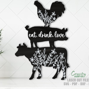 Vache cochon poulet SVG - fichiers découpés au laser - vache SVG - cochon SVG - poulet Svg - cuisine signe Svg - décoration cuisine - Floral Svg - fichiers Glowforge