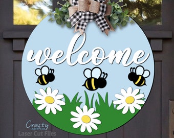 Bee Welcome Door Hanger SVG Laser Cut Files - Daisy Svg - Bee SVG - Summer Svg - Welcome Sign Svg - Bee Door Sign - Glowforge Files