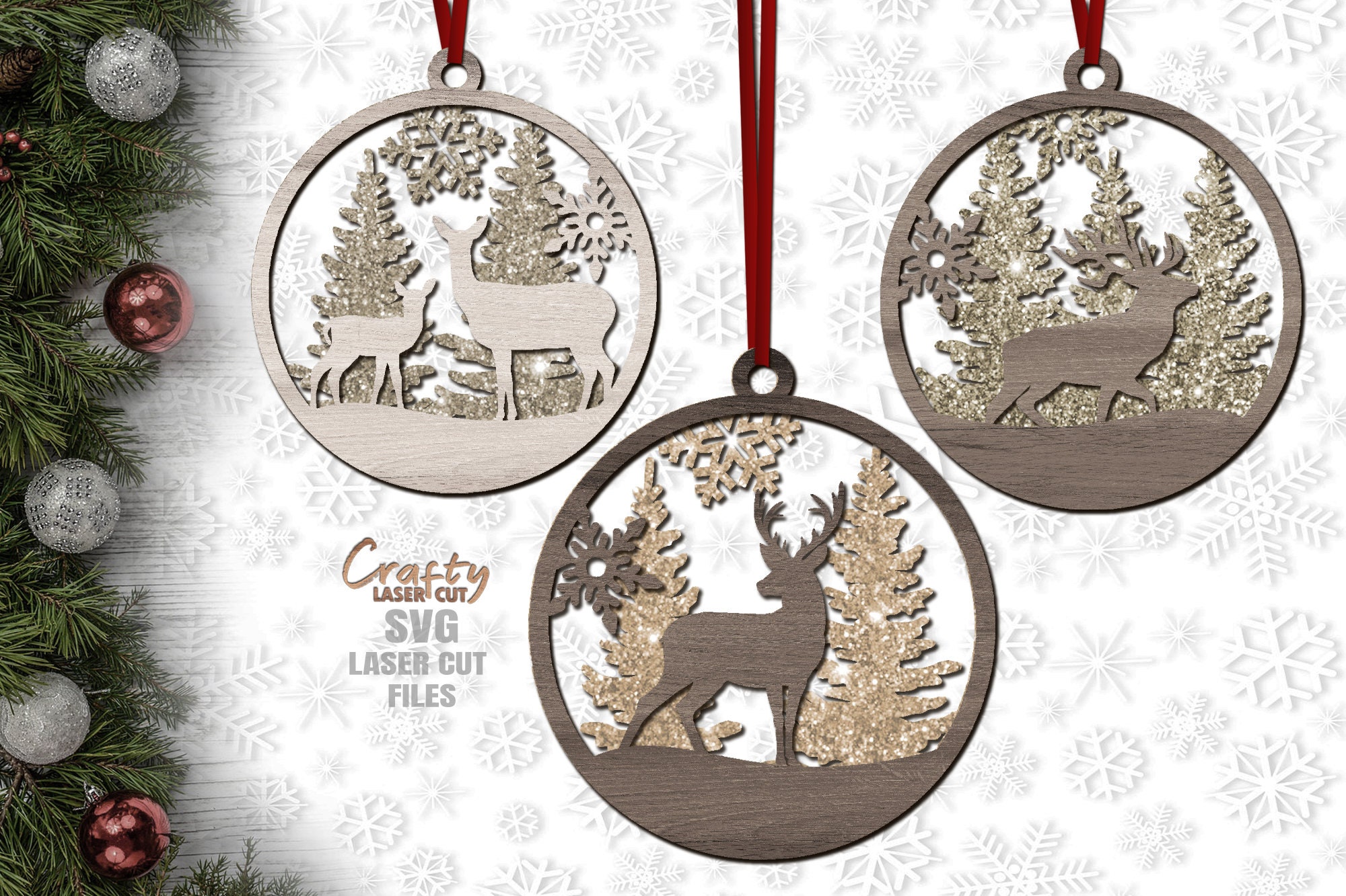 Deer Ornament SVG - Christmas Ornament SVG - Laser Cut Files - Deer Svg - Snowflake Svg - Forest Svg - Buck Svg - Elk Svg - Glowforge Files