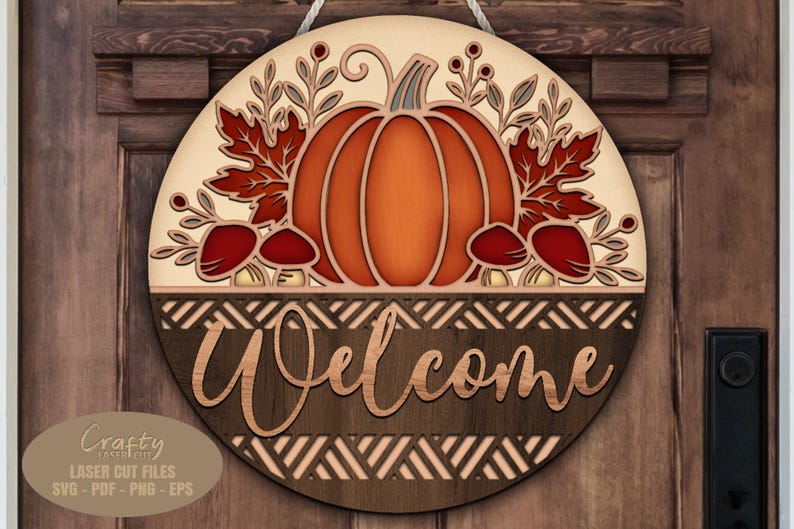Thanksgiving pumpkin welcome sign SVG laser cut files; a fall door hanger SVG with a Floral Basket Fall Door Sign design for Glowforge and XTool laser machines