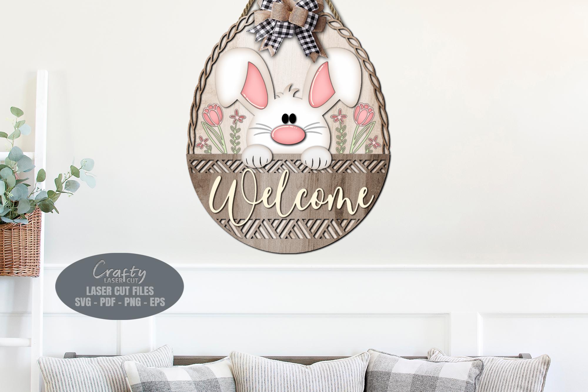 Easter Bunny Door Hanger SVG Laser Cut Files, Welcome Sign SVG, Easter ...