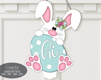 Easter Bunny Door Hanger SVG Laser Cut Files, Spring Egg Welcome Sign SVG, Glowforge