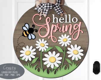 Hello Spring Door Hanger SVG Laser Cut Files: Bee, Daisy Welcome Sign SVG, Glowforge