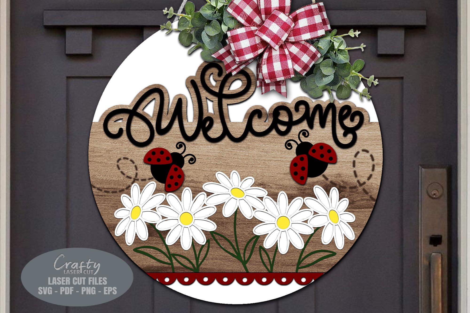 Summer Door Hanger SVG Laser Cut Files, Ladybug Daisy Welcome Sign SVG ...